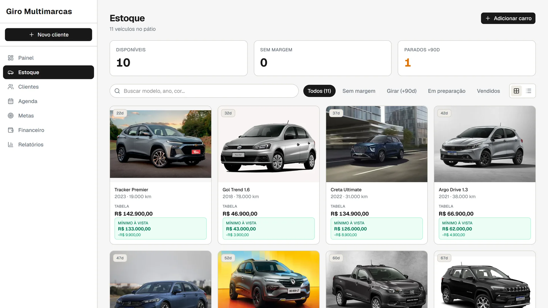 Tela de estoque do CardealerOS: onze carros no pátio, cada um com foto, ano, quilometragem, preço de tabela, preço mínimo e há quantos dias está parado.